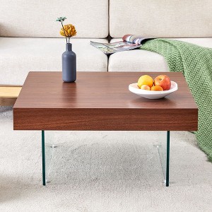 CAVINAS 31.5" Walnut Square Coffee Table,Tea Table with Tempered Glass Legs,Walnut Texture MDF Tabletop,Center Tablel for Living Room,Office,Apartment - 1 of 4