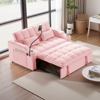 54.7" Velvet Foldable Recliner Double Seat Sofa with USB & Side Pockets