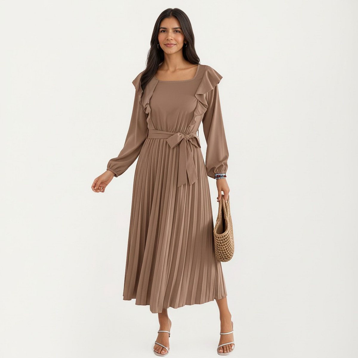 Женские платья Anna-Kaci Women's Pleated Dress with Ruffled Shoulders, Waist Tie, and Long Sleeves for a Flattering Feminine Fit - Khaki — фото 2