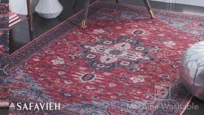 Serapi Red and Navy Square Viscose Area Rug
