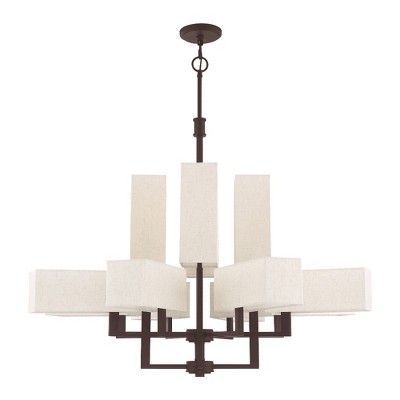 Rubix 12-Light Bronze Chandelier with Oatmeal Fabric Shades