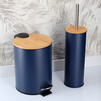 Evideco French Home Goods Bathroom Set with Bamboo Lid - Matte Metal Trash Can and Toilet Brush