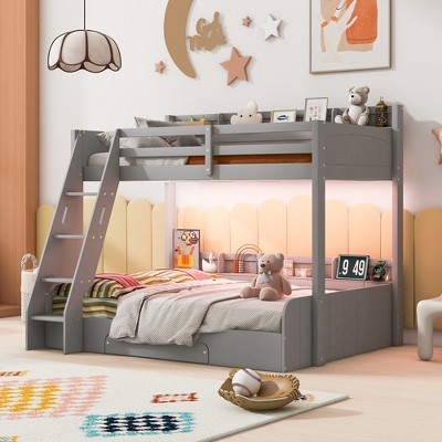 Merax Twin over Full Bunk Bed with Built-In Storage, LED Lights, Charging Station