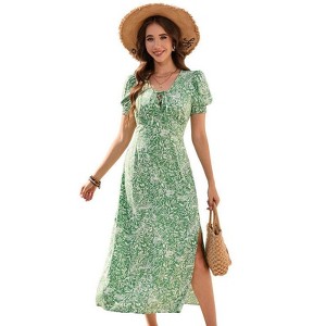 Coolmee Women's Floral Boho Dress Hawaiian Dresse Short Sleeve V Neck Summer Beach Wedding Guest Swing Midi Dress Green M - 1 of 4