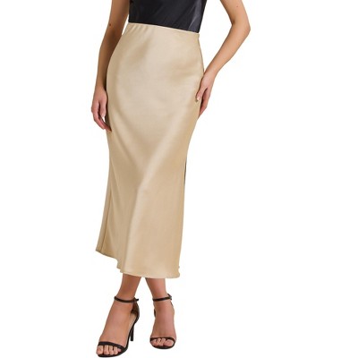 INSPIRE CHIC Women Satin Maxi Elastic High Waist Side Slit Flowy Long for Party Wedding Skirt