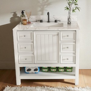 37" Modern Bathroom Vanity with Carrara White Marble Top, Freestanding Cabinet with 3 Drawers, Door, Shelf & 3 Faucet Hole Sink - 1 of 4