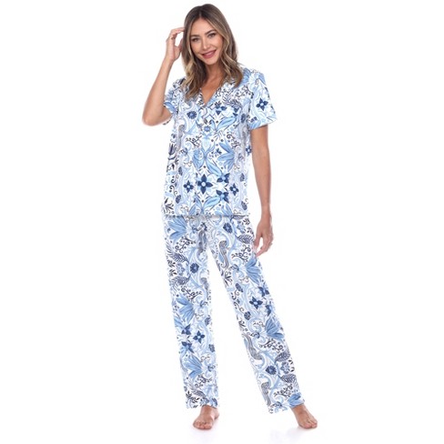 Women s Short Sleeve Top and Pants Pajama Set White Blue X Large White Mark