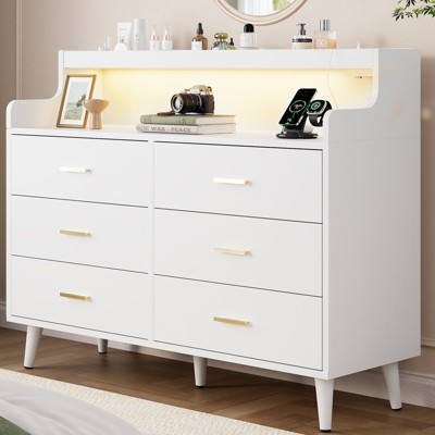 WOWLIVE 6 Drawer Dresser with 2-Tier Open Shelf, Wooden Dresser with Power Outlet & LED Lights, Chest of Drawers Dresser for Bedroom