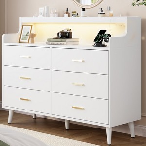 WOWLIVE 6 Drawer Dresser with 2-Tier Open Shelf, Wooden Dresser with Power Outlet & LED Lights, Chest of Drawers Dresser for Bedroom - 1 of 4