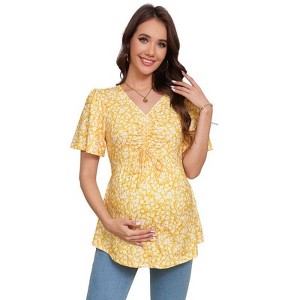 Coolmee Women's Short Sleeve V Neck Tops Blouses Ruffle Hem Tie Front Crop Summer Tops - 1 of 4