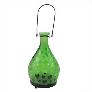 Northlight 8.75" Frosted Green Hearts Glass Bottle Tea Light Candle Lantern Decoration