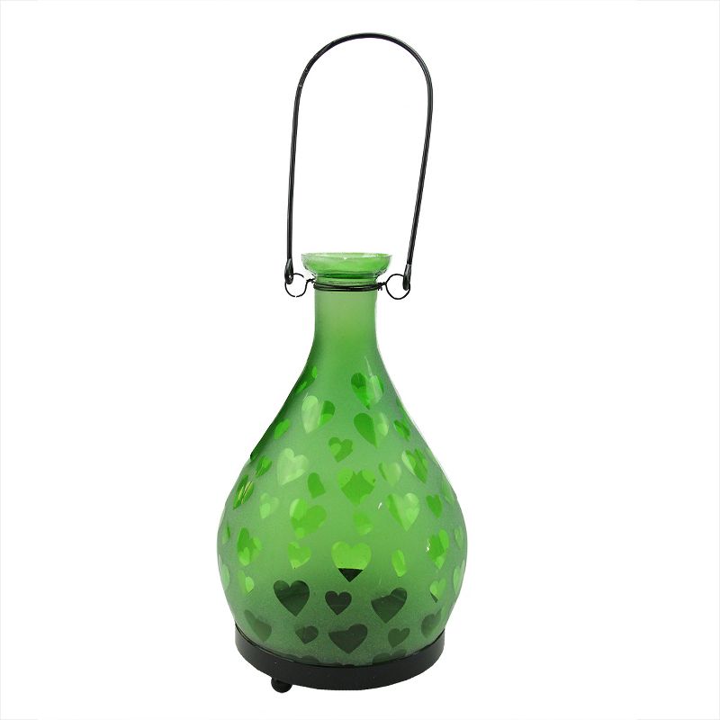 Northlight 8.75" Frosted Green Hearts Glass Bottle Tea Light Candle Lantern Decoration, 1 of 2