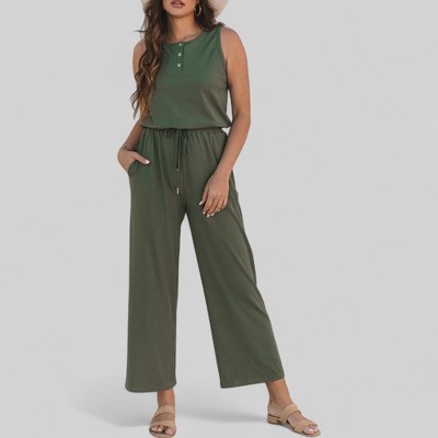 Amaryllis Women’s Sleeveless Drawstring Waist Jumpsuit Wide Leg One-Piece with Button Front Detail Relaxed Casual Fit