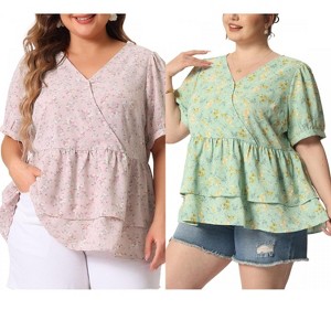 Women's Plus Size 2 Pieces Floral Flare Hem V Neck Short Sleeve Casual Layered Peplum Blouses - Agnes Orinda - 1 of 4