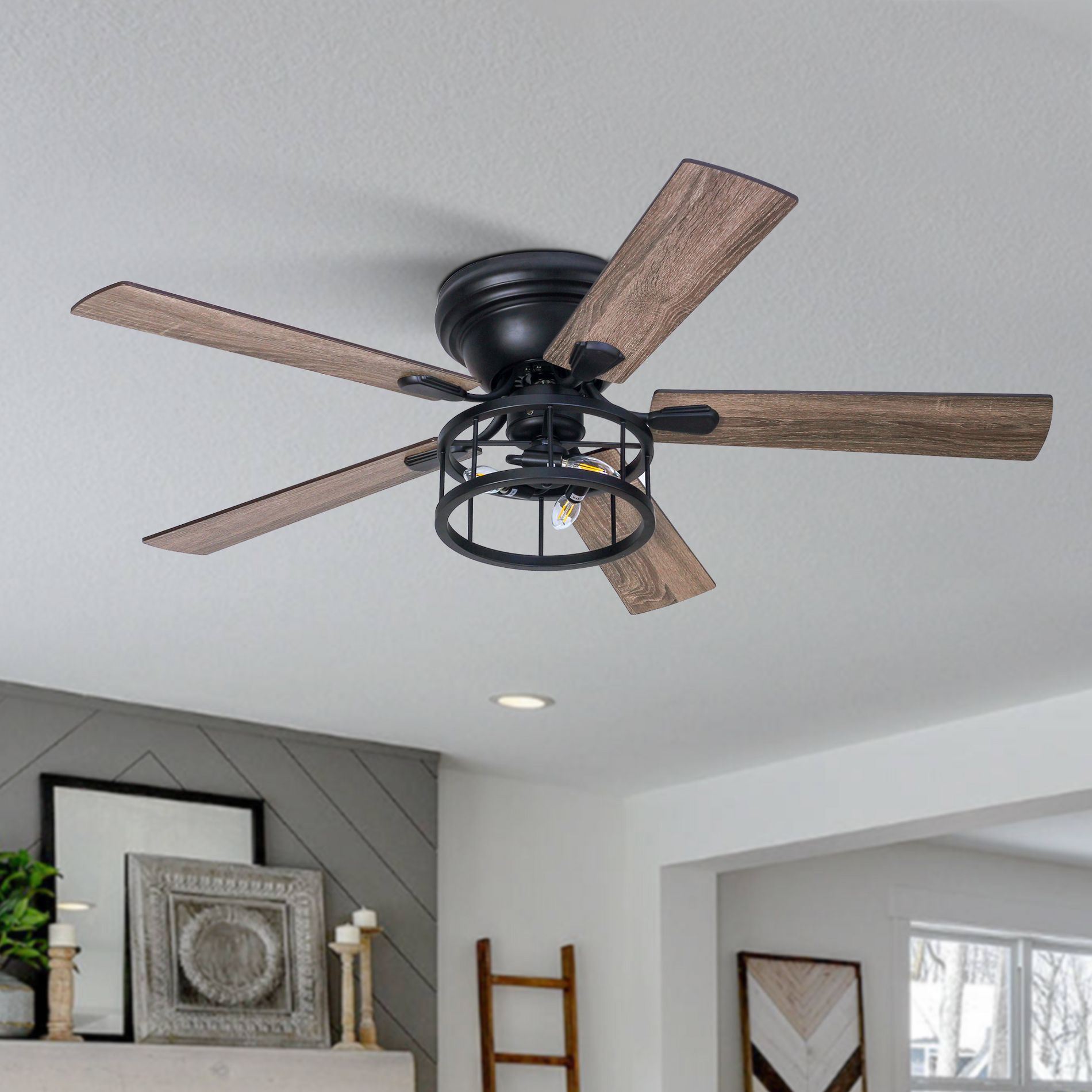 Airsurfer 52" Low Profile Flush Mount Ceiling Fan with Light, Quiet Reversible DC Motor, Remote Control, Farmhouse Cage Style