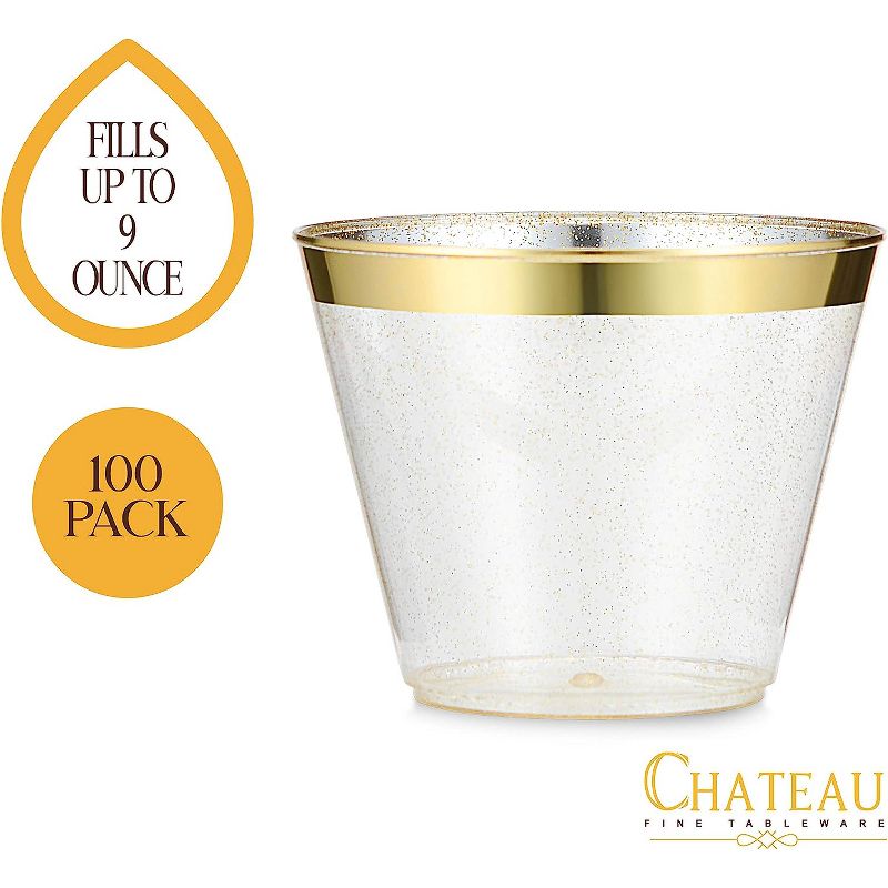 Chateau Fine Tableware 100 Pack 9Oz Plastic Cups Gold Glitter With A Gold Rim - Premium Disposable Party Cups - Elegant And Classy Sturdy Cups, 2 of 7