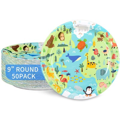 DYLIVeS Animal World Map Paper Dinner Plates, Dessert Plates, Safari Woodland Atlantic Blue Ocean Animals Birthday Party Supplies ,9 Inch, 50 Pack