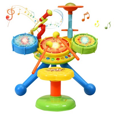 Kids Electric Jazz Drum Set Musical Instrument w/ Stool Mic & LED Light