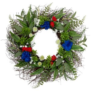 Northlight Americana Buttonbush and Carnation Floral Patriotic Wreath - 24" - 1 of 4