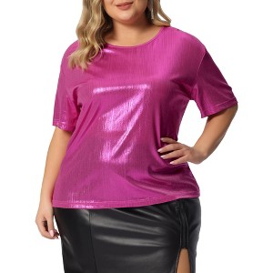 Agnes Orinda Women's Plus Size Metallic Round Neck Short Sleeve Summer Carnival Party Blouses - 1 of 4