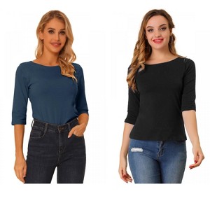 Allegra K Women's Classic Solid Elbow Sleeves Round Neck Slim Fit T-Shirts 2 Packs - 1 of 4