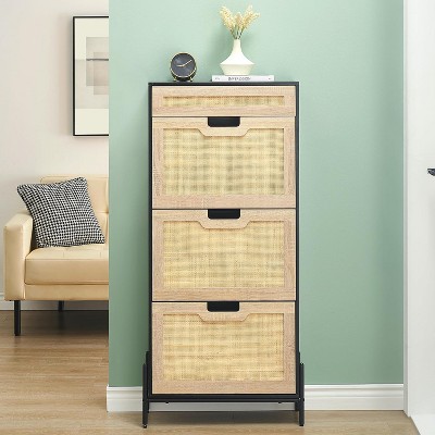 Natural Rattan Shoe Cabinet with 3 Flip Doors and 1 Drawer, Freestanding Shoe Organizer for Entryway, Hallway