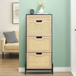 Natural Rattan Shoe Cabinet with 3 Flip Doors and 1 Drawer, Freestanding Shoe Organizer for Entryway, Hallway - 1 of 4