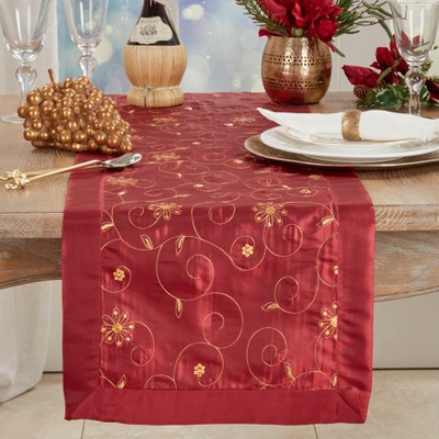 Burgundy and Gold Embroidered Polyester Holiday Table Runner