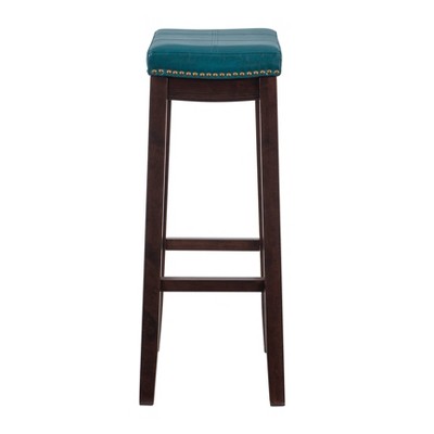 Claridge Dark Brown & Blue Faux Leather 32" Backless Saddle Bar Stool