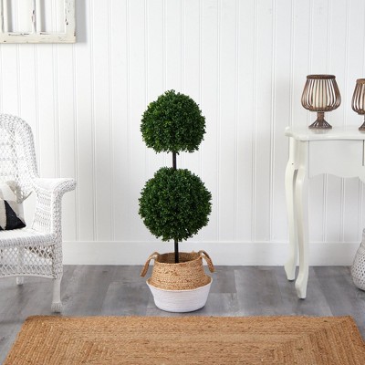 Elegant Outdoor Boxwood Double Ball Topiary, 43" in Boho Chic Planter