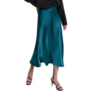 Women's High Waist Satin Midi Skirt - Elegant A-Line Silky Skirt Dark Blue - 1 of 4