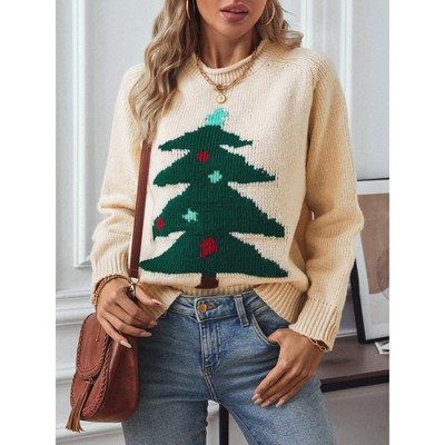 Clearlove Women's Ugly Christmas Sweater - Christmas Tree Print Relaxed Crew Neck Knit Pullover for Seasonal Celebrations