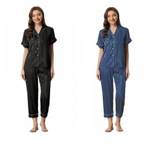 INSPIRE CHIC Women's 4 Pcs Satin Short-Sleeve Button-Up Sleepwear & Long-Pants Pajama Set - 1 of 4