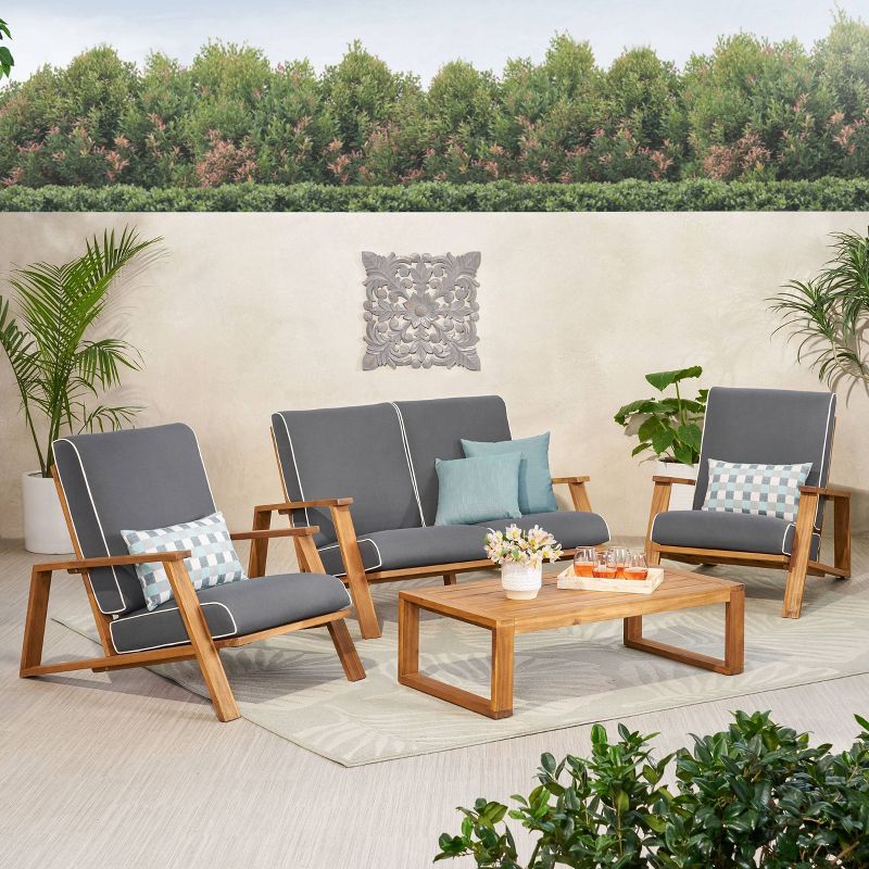 Paloma Outdoor Acacia Wood 4 Seater Chat Set with Cushions - Teak/Dark Gray - Christopher Knight Home, 3 of 13