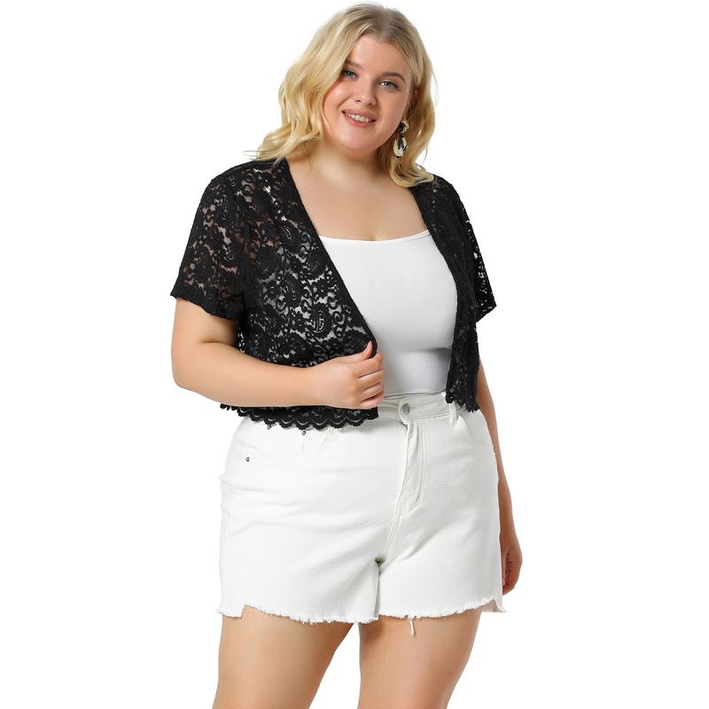 Agnes Orinda Women's Plus Size Lace Allover Spring Off Lightweight Short Sleeve Crop Shrugs, 3 of 7
