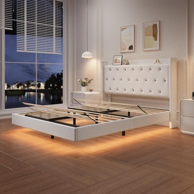 COZONY Floating Platform Bed Frame with LED Lights, Velvet Upholstered Storage Headboard No Box Spring Needed
