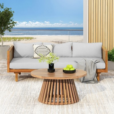 FIONECA Claremont 3-Seater Patio Daybed with Gray Cushions and Acacia Wood Coffee Table ¨C Outdoor Furniture Set