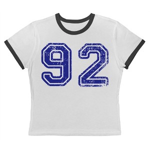 Rerun Island Women's 92 Collegiate Blue Distress Short Sleeve Graphic Cotton Retro Vintage Ranger Baby Tee - White Caviar 2X - 1 of 4