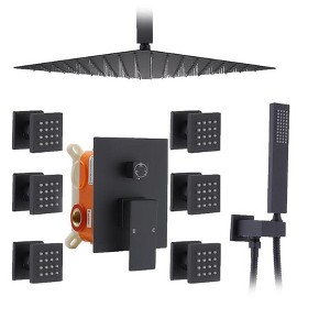 Itopfox Full Body Shower System with Body Jets, Powerful Rainfall Shower and Handheld Spray, Rough-in Mixer Valve Concealed Shower Faucet Set, Black - 1 of 4