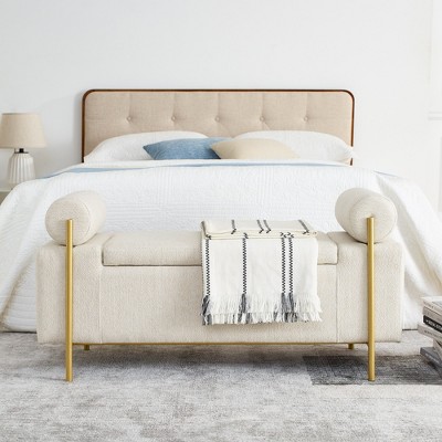 VYNXARIA Elegant Upholstered Linen Storage Bench with Cylindrical Arms and Iron Legs for Hallway Living Room Bedroom