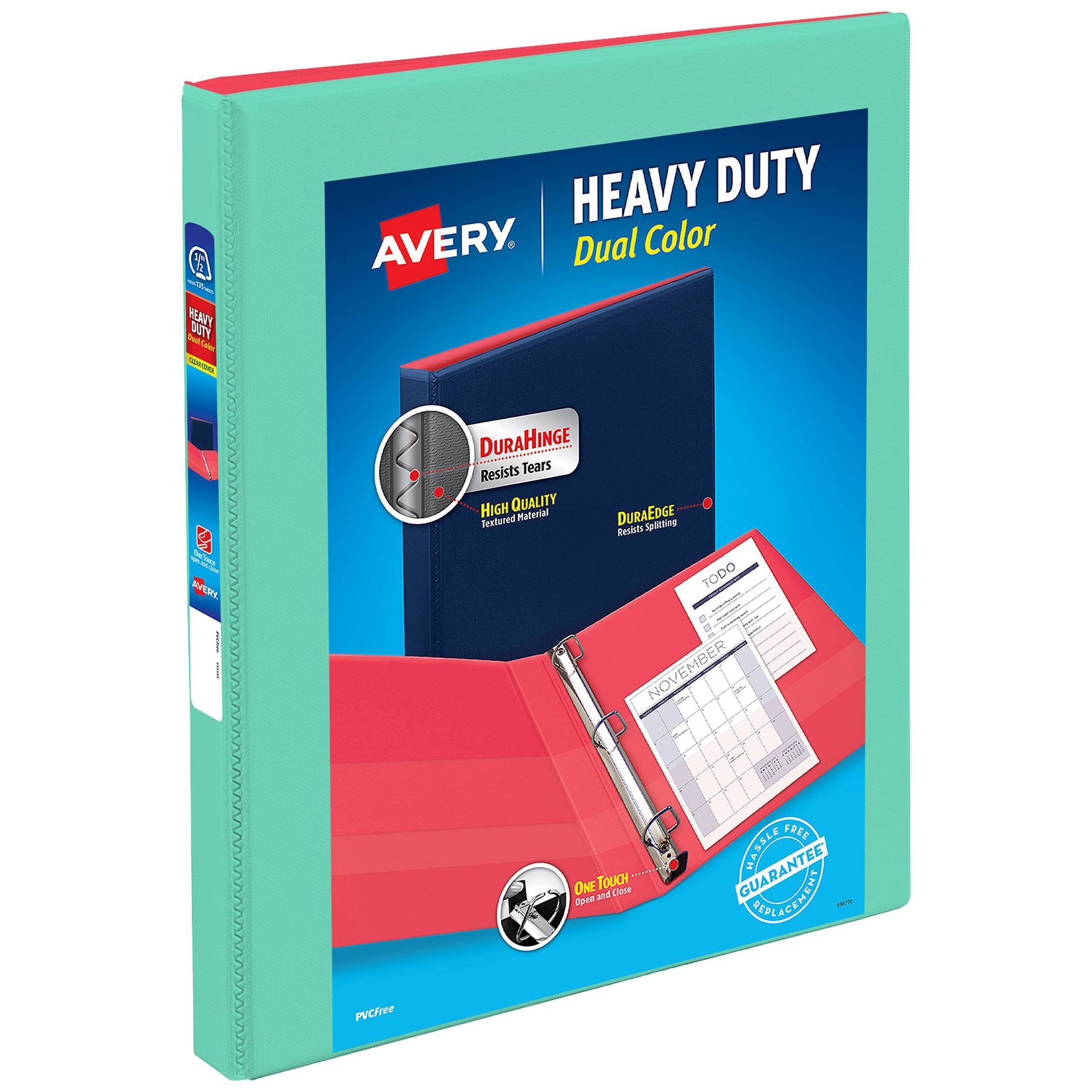 Avery 0.5" D-Ring Binder Heavy Duty Dual View Mint/Coral: Polypropylene, 135 Sheet Capacity, 4 Pockets, Hard Cover