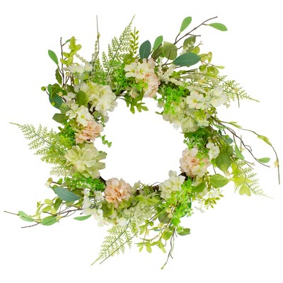 Northlight Hydrangea and Fern Spring Floral Berry Wreath, Green and Pink 28"