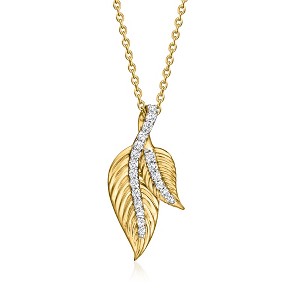 Ross-Simons 0.20 ct. t.w. Diamond Double-Leaf Pendant Necklace in 18kt Gold Over Sterling Size 18 - 1 of 3