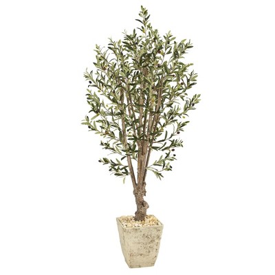 Nearly Natural 5’ Olive Artificial Tree in Country White Planter