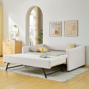 Lycvki Full Size Daybed with Trundle Upholstered Sofa Bed, with Vertical Stripes, Linen Fabric, Beige - 1 of 4