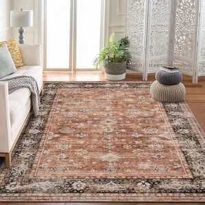 Area Rug Indoor Vintage Living Room Carpet Washable Distressed Rug Black Floral Bedroom Retro Accent Throw Rug Office Dining Room, Black - 1 of 4