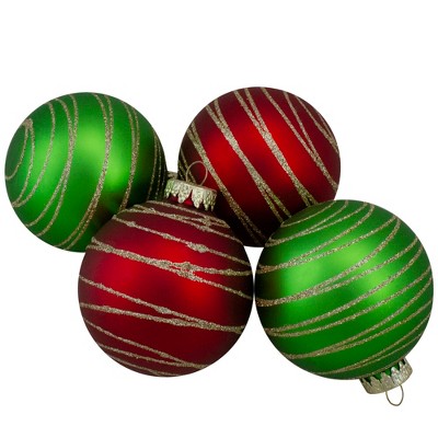 Northlight Golden Stripes Christmas Ball Ornaments - 3.25" (80mm) - Red and Green - 4ct