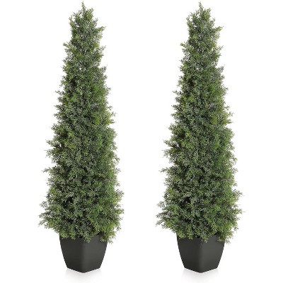 2 Pack Artificial Cedar Topiary Trees, 3ft/ 4ft/ 5ft UV Protection Bushes, Maintenance Free Cedar Plants for Front Door Decor, Outdoor& Indoor Decor