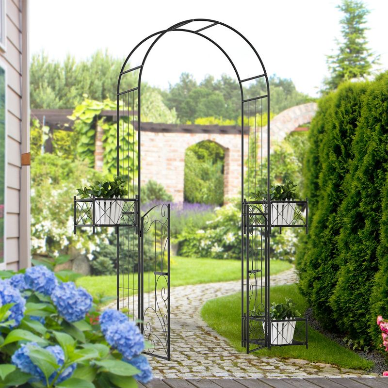 Outsunny 7' Metal Garden Arbor, Garden Arch with Gate, Scrollwork Hearts, Latching Doors, Planter Boxes for Climbing Vines, Ceremony, Weddings, Black, 3 of 7