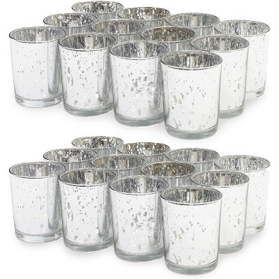 Round Silver Mercury Glass Cylinder Votive Tealight Candle Holder Set of 24 Decorative, 2.2"x2.2"x2.6"